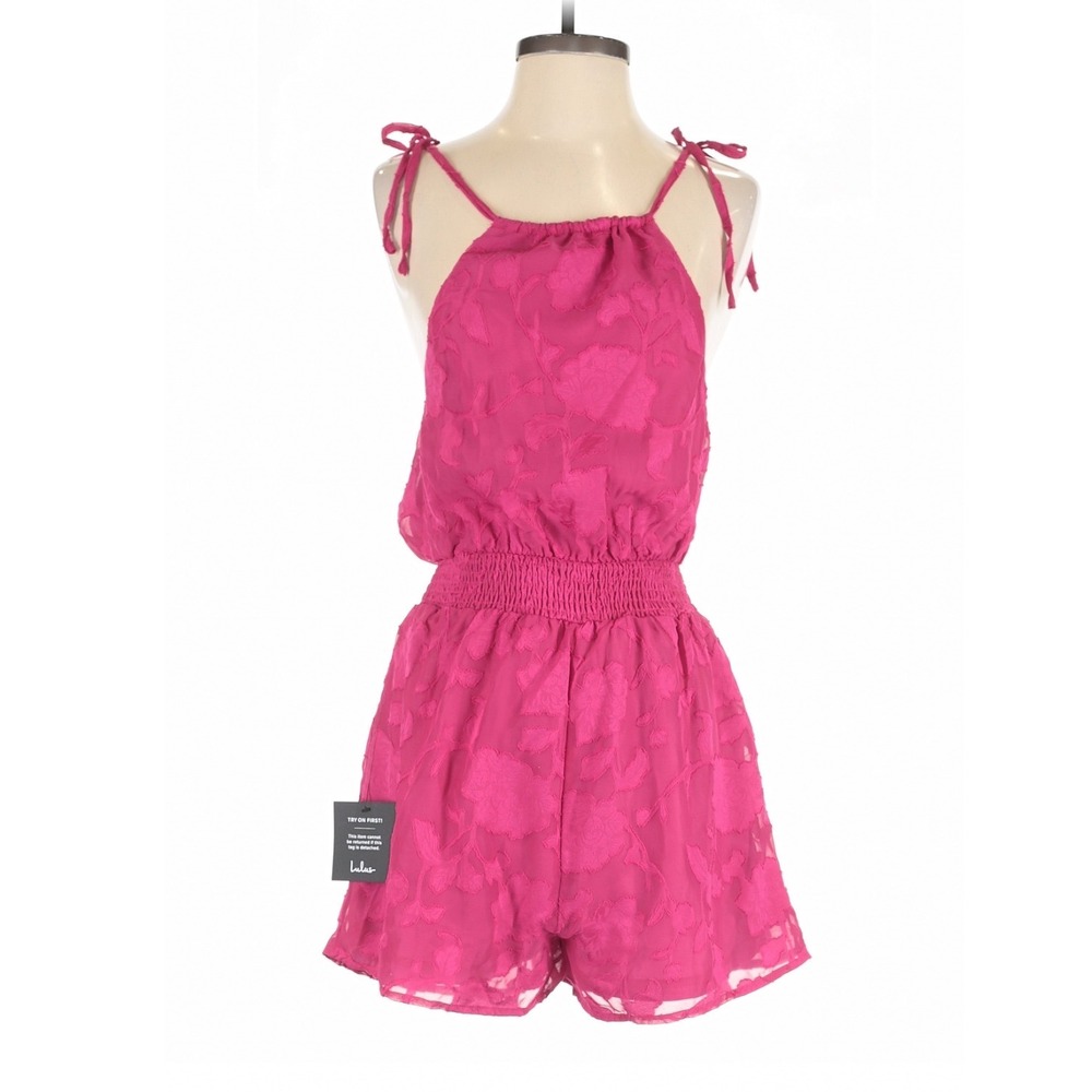 Lulus Here for the Fun Magenta Burnout Floral Jacquard Romper XS Coquette